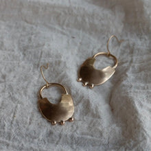 Load image into Gallery viewer, Handcrafted Bamasha earrings made from recycled brass with nickel-free hoops and a beautiful satin finish, perfect for any occasion and eco-friendly fashion. Each pair is one-of-a-kind and handmade by our artisan partners in Malawi.